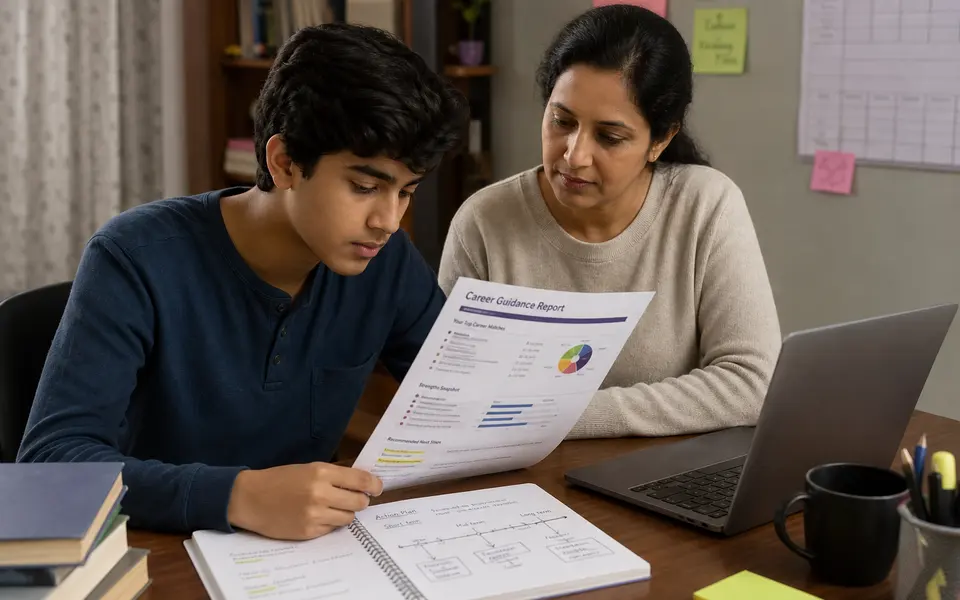 Student at a desk reviewing a printed career guidance report, making notes with a parent nearby.