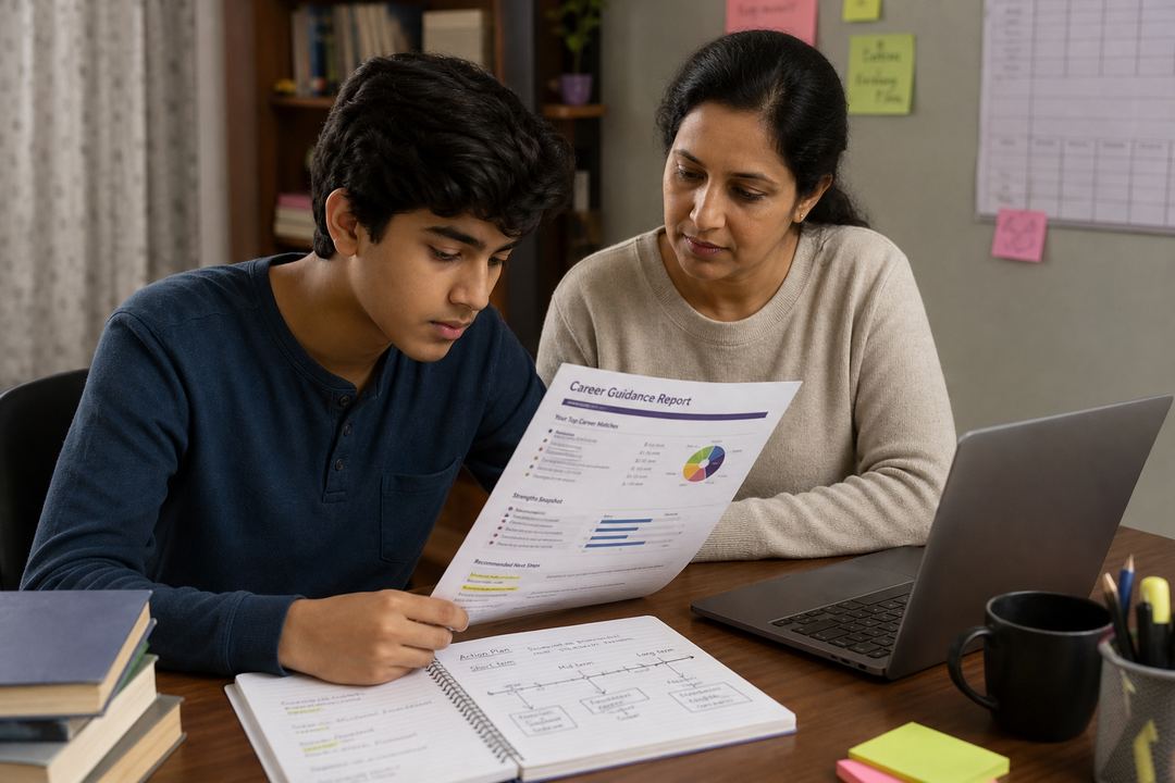 Student at a desk reviewing a printed career guidance report, making notes with a parent nearby.