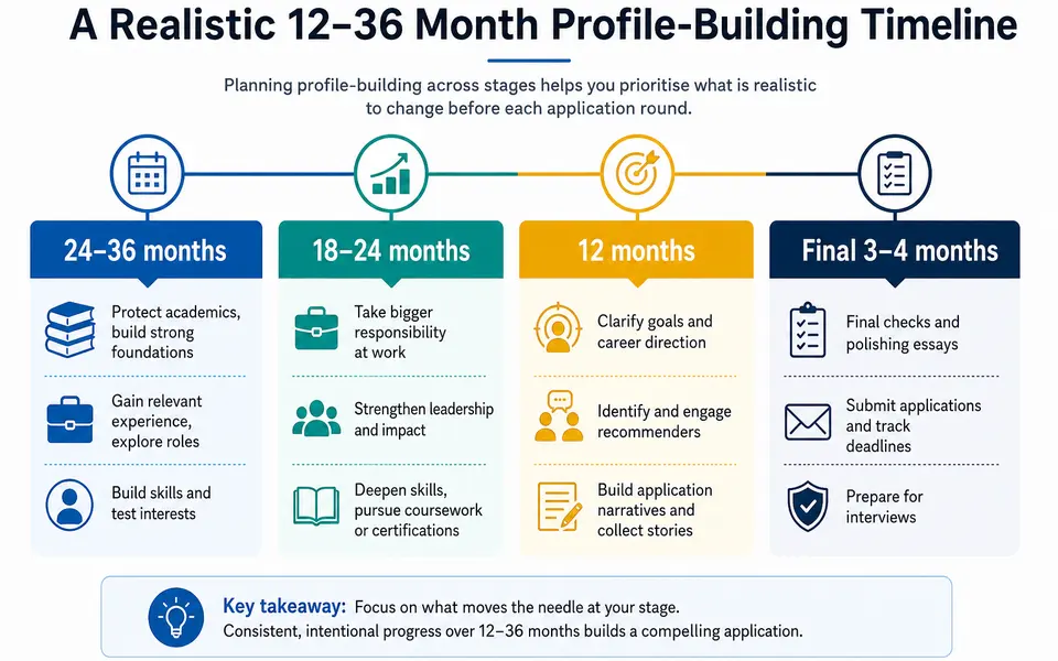 Timeline infographic showing 24–36, 18–24, 12 and final 3–4 months before MBA applications with key focus areas for each stage.