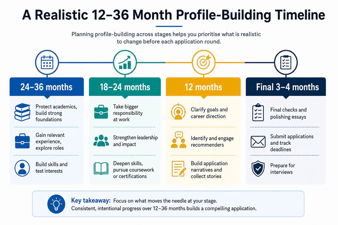 Timeline infographic showing 24–36, 18–24, 12 and final 3–4 months before MBA applications with key focus areas for each stage.