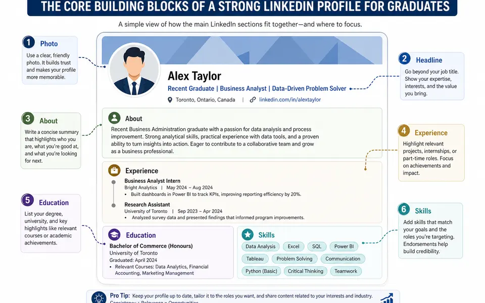 Diagram of a graduate LinkedIn profile layout highlighting the photo, headline, About, experience, education, skills and location sections.