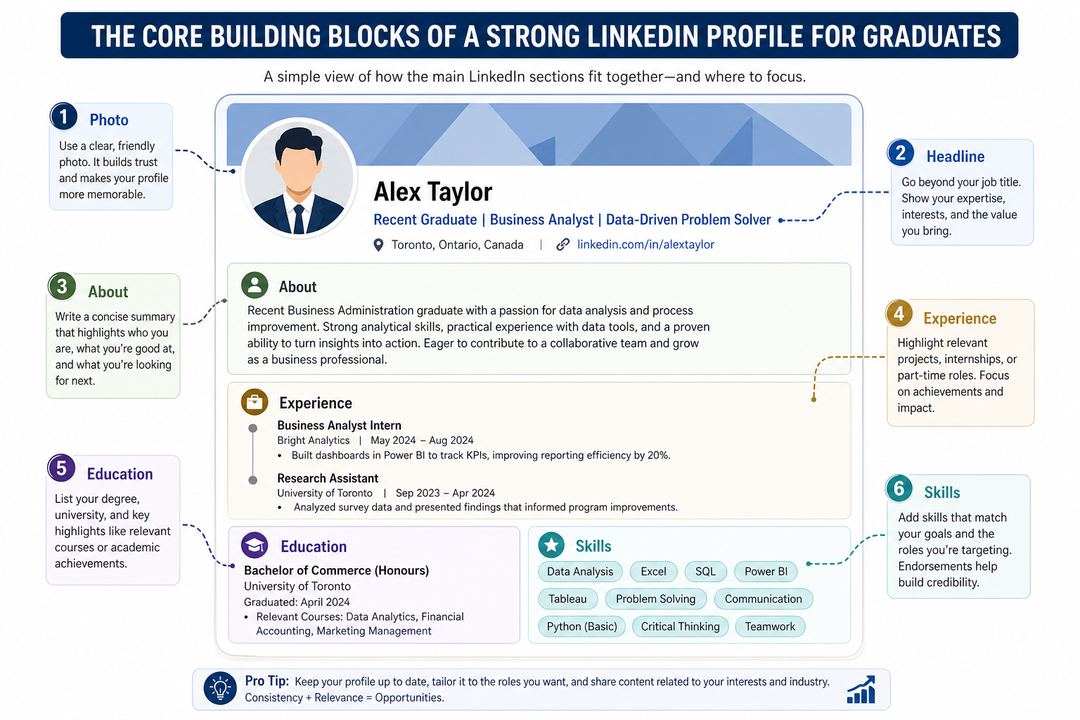 Diagram of a graduate LinkedIn profile layout highlighting the photo, headline, About, experience, education, skills and location sections.