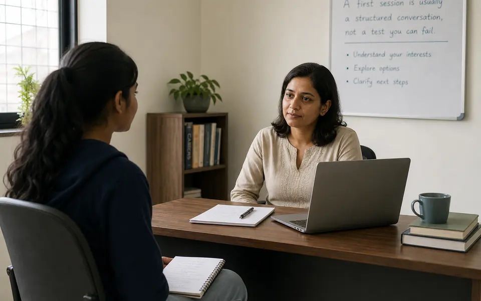A student in India sitting across from a career counsellor in a small office, talking during a one-on-one session.