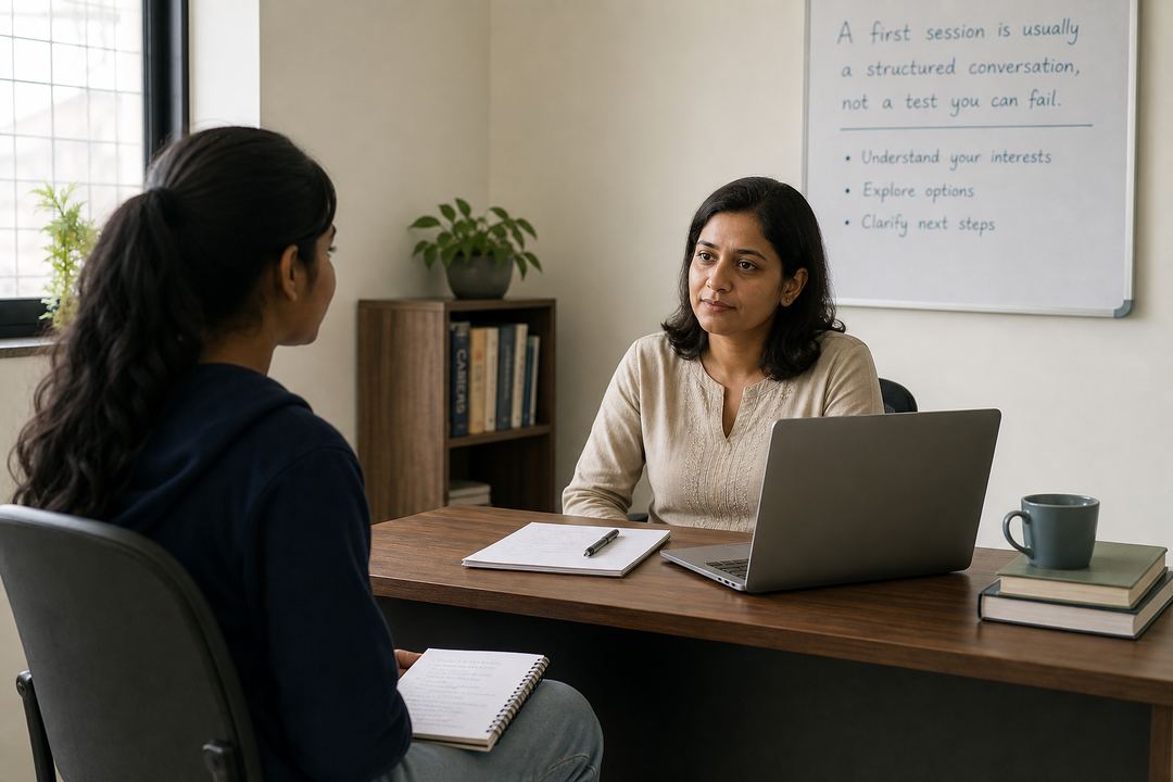 A student in India sitting across from a career counsellor in a small office, talking during a one-on-one session.