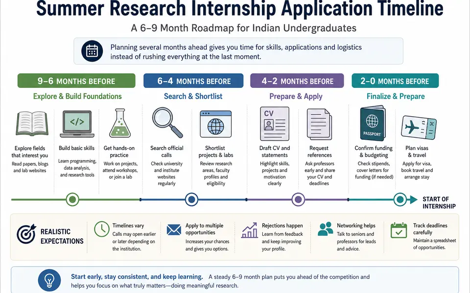 Timeline diagram showing an Indian undergraduate’s preparation for a summer research internship, from early skill-building to application and final arrangements.