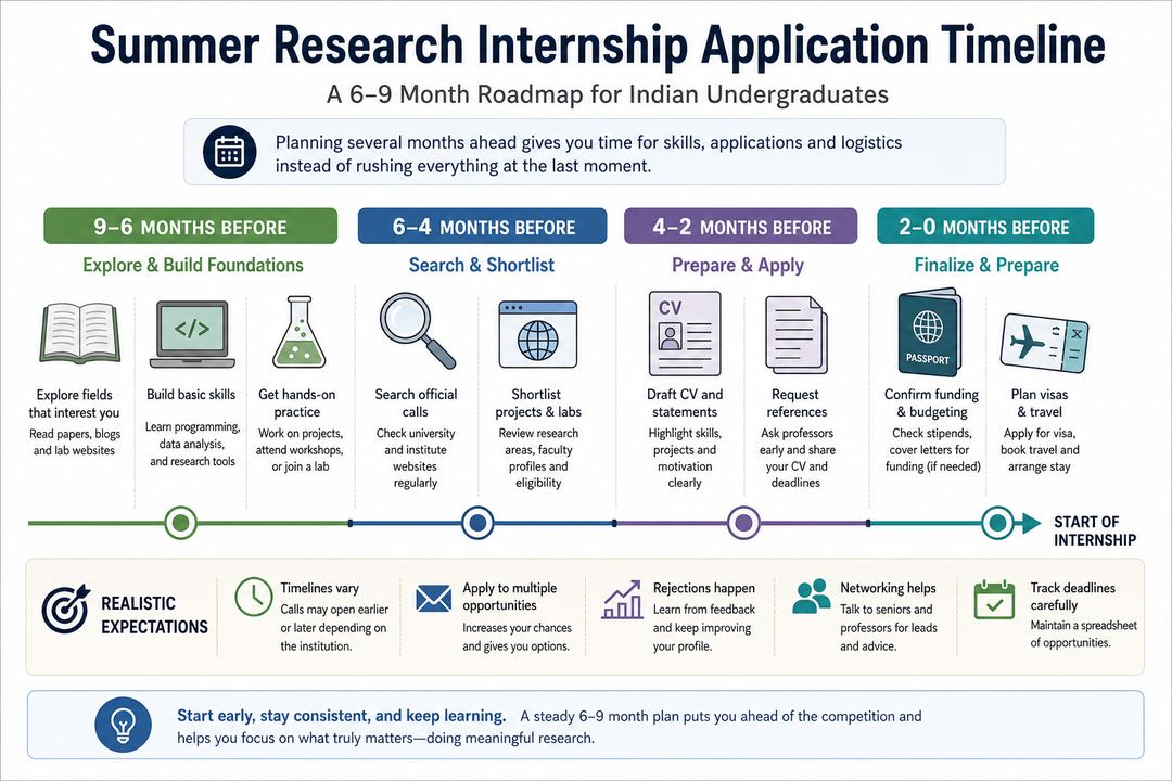 Timeline diagram showing an Indian undergraduate’s preparation for a summer research internship, from early skill-building to application and final arrangements.