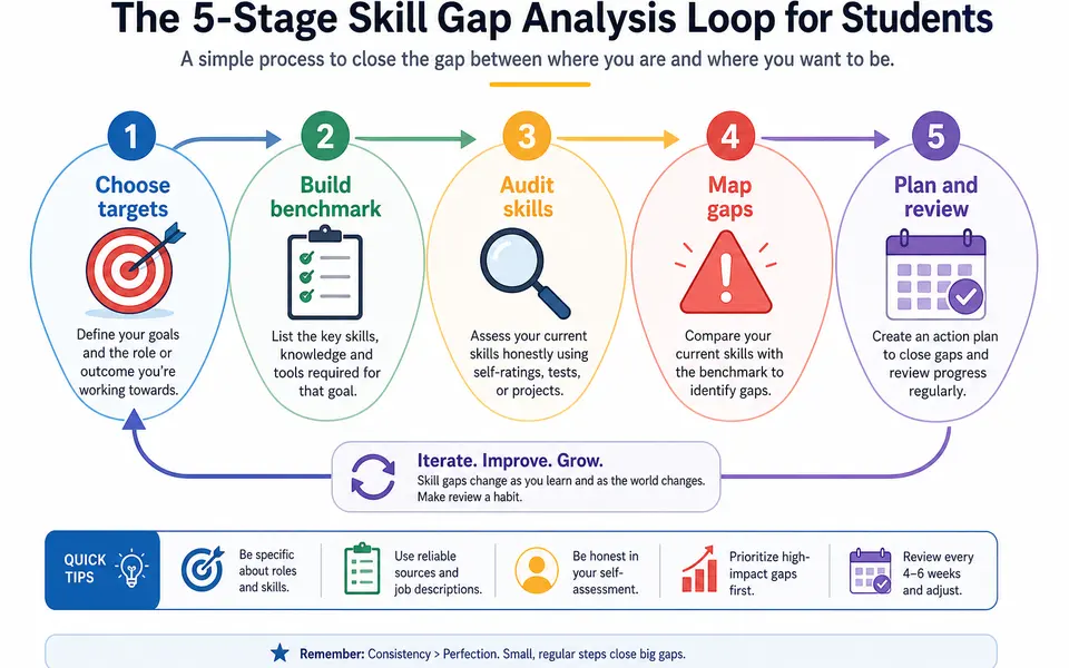 Infographic showing a five-step loop for student skill gap analysis, from choosing targets to reviewing progress.