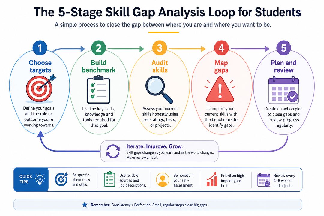 Infographic showing a five-step loop for student skill gap analysis, from choosing targets to reviewing progress.