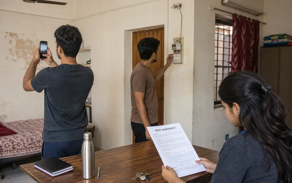 Students documenting the condition of a rental home while reviewing a tenancy agreement.