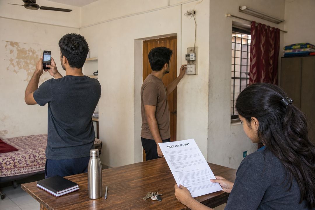 Students documenting the condition of a rental home while reviewing a tenancy agreement.
