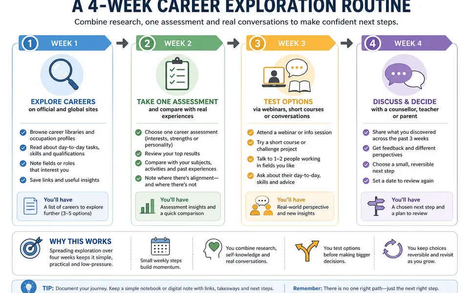 Simple flowchart showing a four-week career exploration routine from research to assessment, small experiments and discussion.