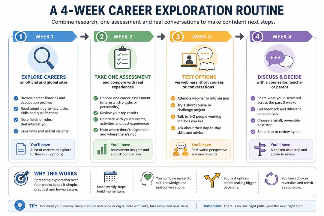 Simple flowchart showing a four-week career exploration routine from research to assessment, small experiments and discussion.