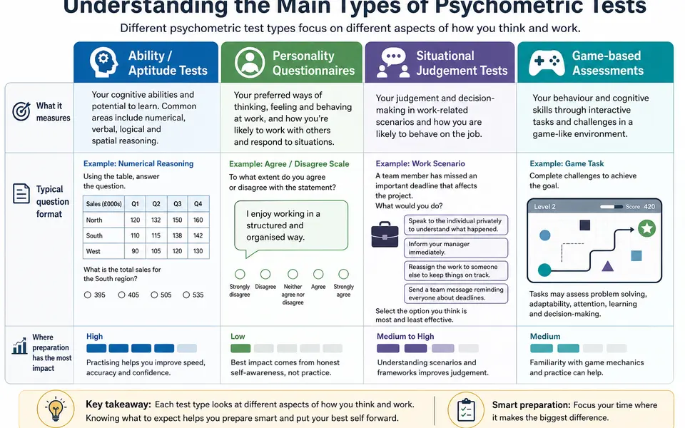 Infographic comparing aptitude, personality, situational judgement and game-based psychometric tests with what each one measures and example question formats.