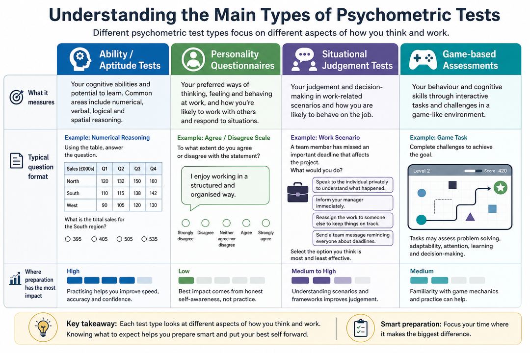 Infographic comparing aptitude, personality, situational judgement and game-based psychometric tests with what each one measures and example question formats.