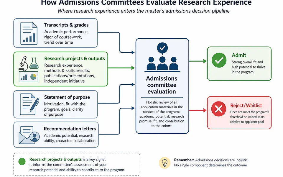 Diagram showing grades, research projects, statements, and recommendations feeding into a master's admissions decision outcome.
