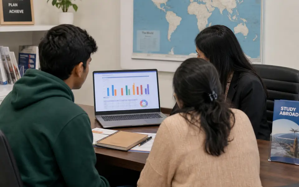 Indian student and parent discussing a psychometric test report with a counsellor in an office setting.