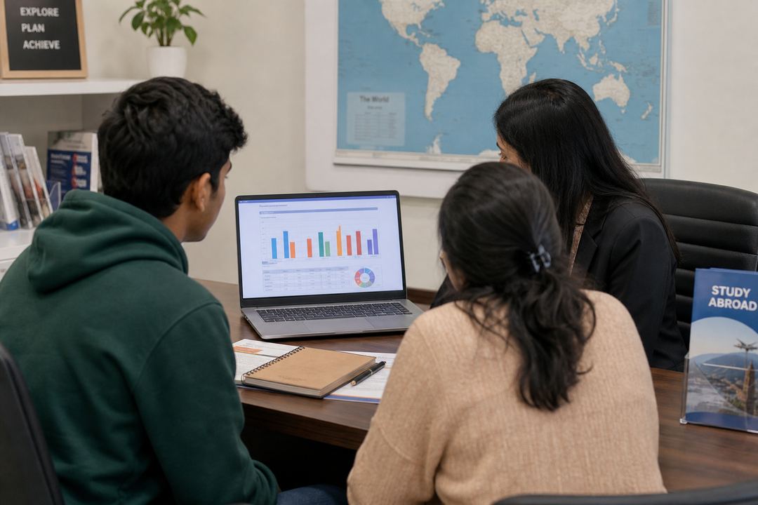 Indian student and parent discussing a psychometric test report with a counsellor in an office setting.