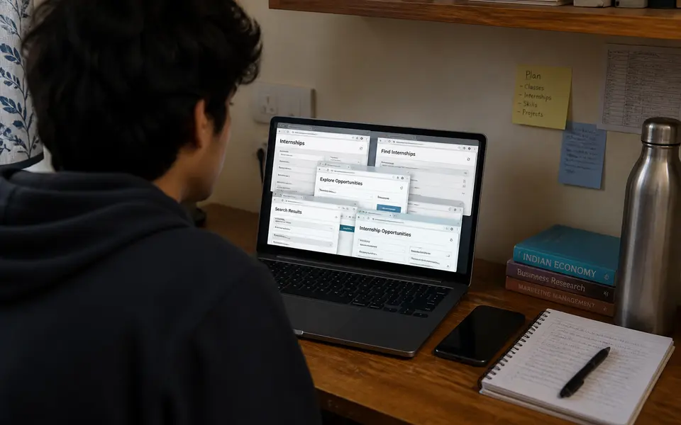 Indian student on a laptop with multiple internship website tabs open in a small study space.