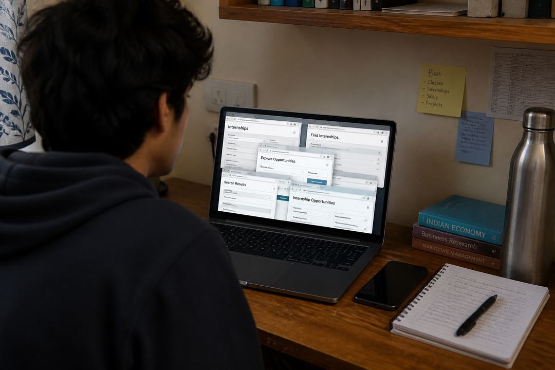 Indian student on a laptop with multiple internship website tabs open in a small study space.