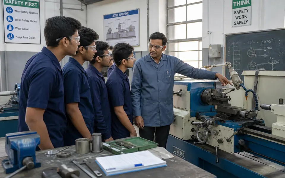 Students in an Indian polytechnic or ITI workshop working with machines and tools under instructor guidance.