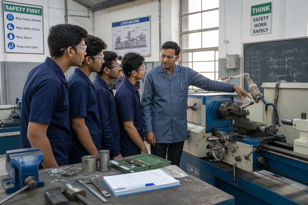 Students in an Indian polytechnic or ITI workshop working with machines and tools under instructor guidance.