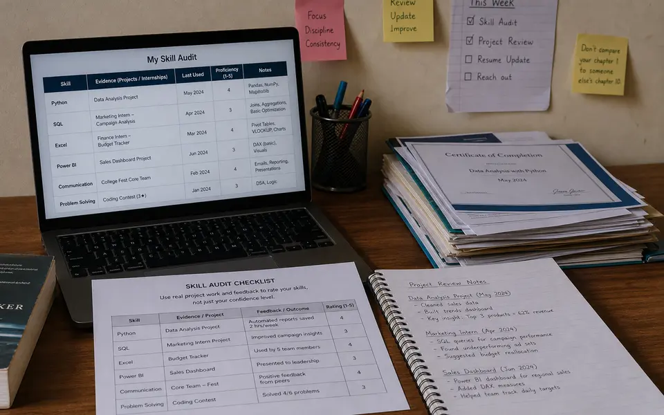 Indian student at a desk with a laptop and printed checklist, reviewing projects and rating skills.