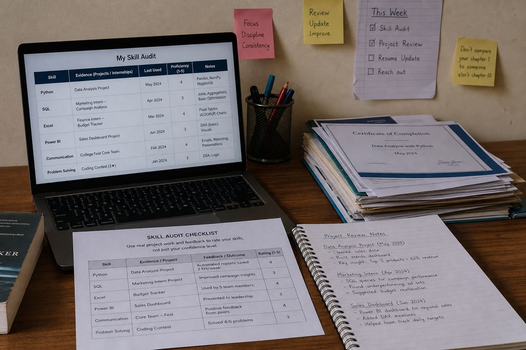 Indian student at a desk with a laptop and printed checklist, reviewing projects and rating skills.