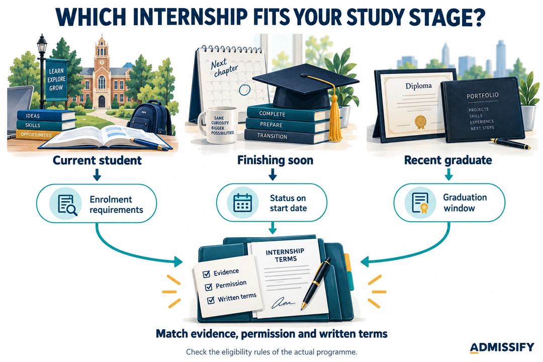 Current students, finishing students and recent graduates follow different eligibility checks before reviewing evidence, permission and written terms.
