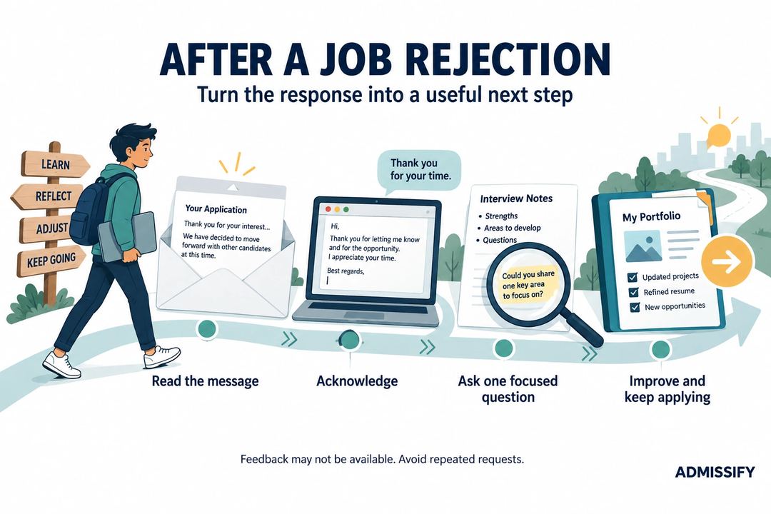 An illustrated email-to-portfolio pathway shows reading a rejection, acknowledging it, asking one focused question and improving the next application.
