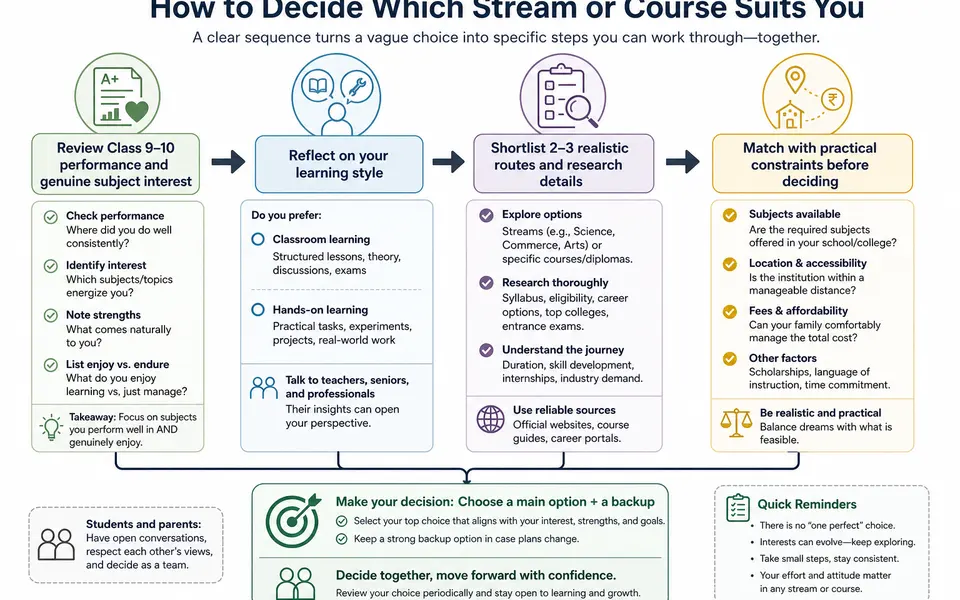 Flowchart for deciding a stream or course after Class 10, starting from interests and learning style to practical constraints and final choice.