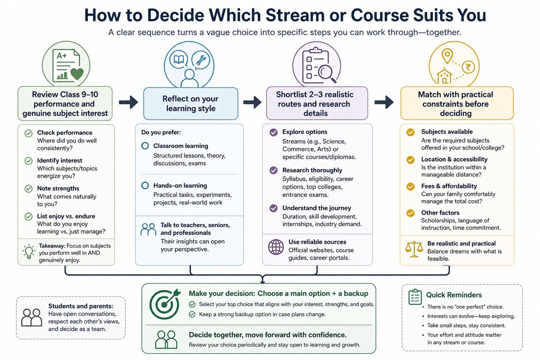 Flowchart for deciding a stream or course after Class 10, starting from interests and learning style to practical constraints and final choice.