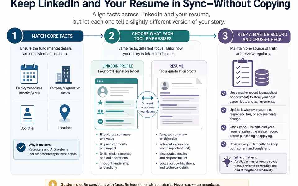 Three-step flow diagram showing how to keep a LinkedIn profile and resume consistent without copying.