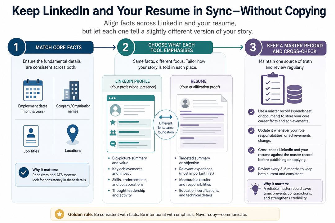 Three-step flow diagram showing how to keep a LinkedIn profile and resume consistent without copying.