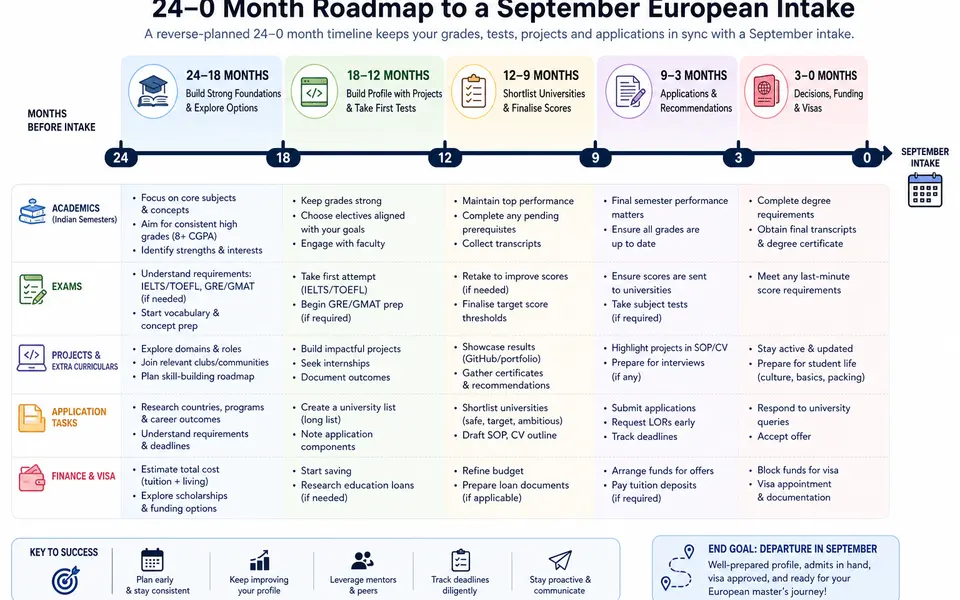 Timeline showing 24 to 0 months before a September intake, aligned with Indian semesters and key profile-building tasks like grades, tests, projects and applications.