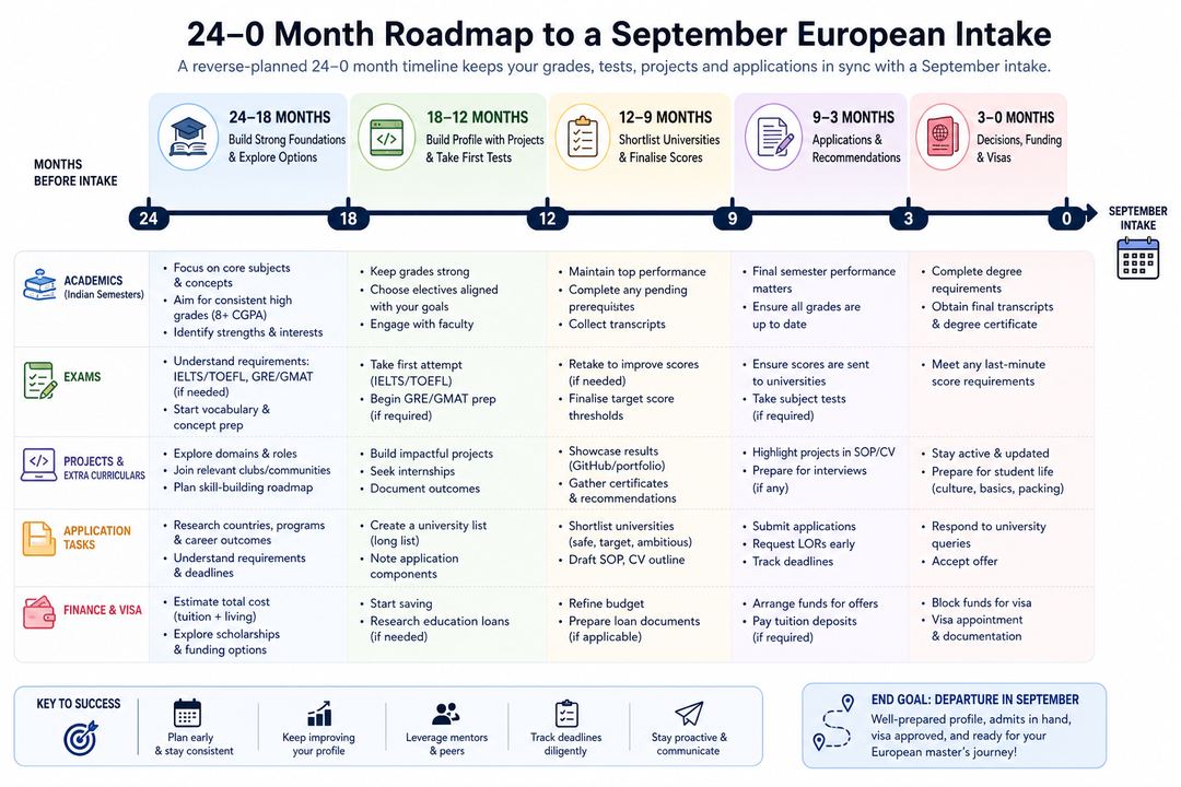 Timeline showing 24 to 0 months before a September intake, aligned with Indian semesters and key profile-building tasks like grades, tests, projects and applications.