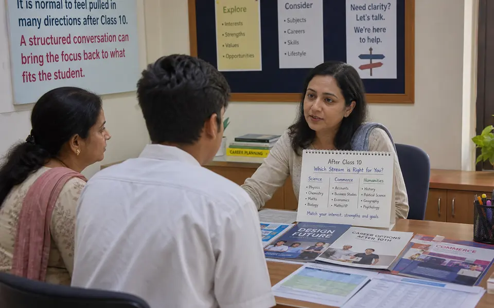 Class 10 student and parent discussing course options with a school counsellor at a table covered with prospectuses.