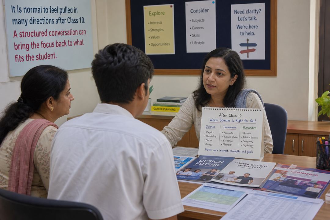 Class 10 student and parent discussing course options with a school counsellor at a table covered with prospectuses.
