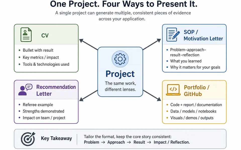 Diagram showing a central project feeding into four outputs: CV bullet, SOP paragraph, recommendation letter, and portfolio repository.