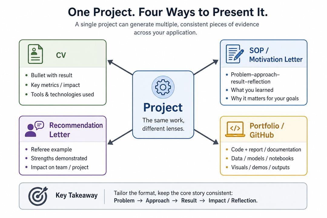 Diagram showing a central project feeding into four outputs: CV bullet, SOP paragraph, recommendation letter, and portfolio repository.