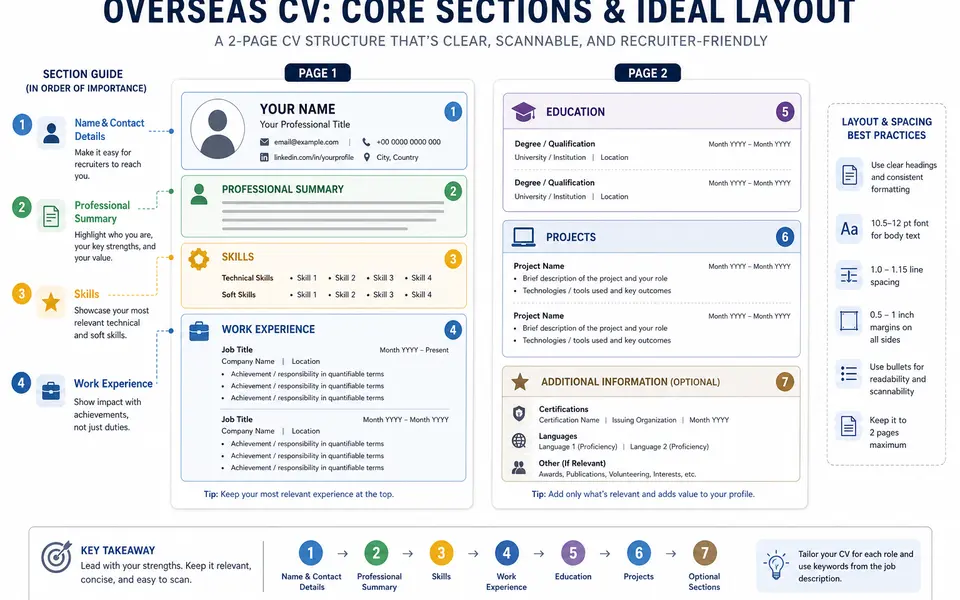 Sample CV layout showing sections for contact details, summary, skills, experience, education and projects.