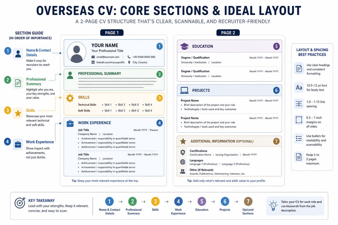 Sample CV layout showing sections for contact details, summary, skills, experience, education and projects.