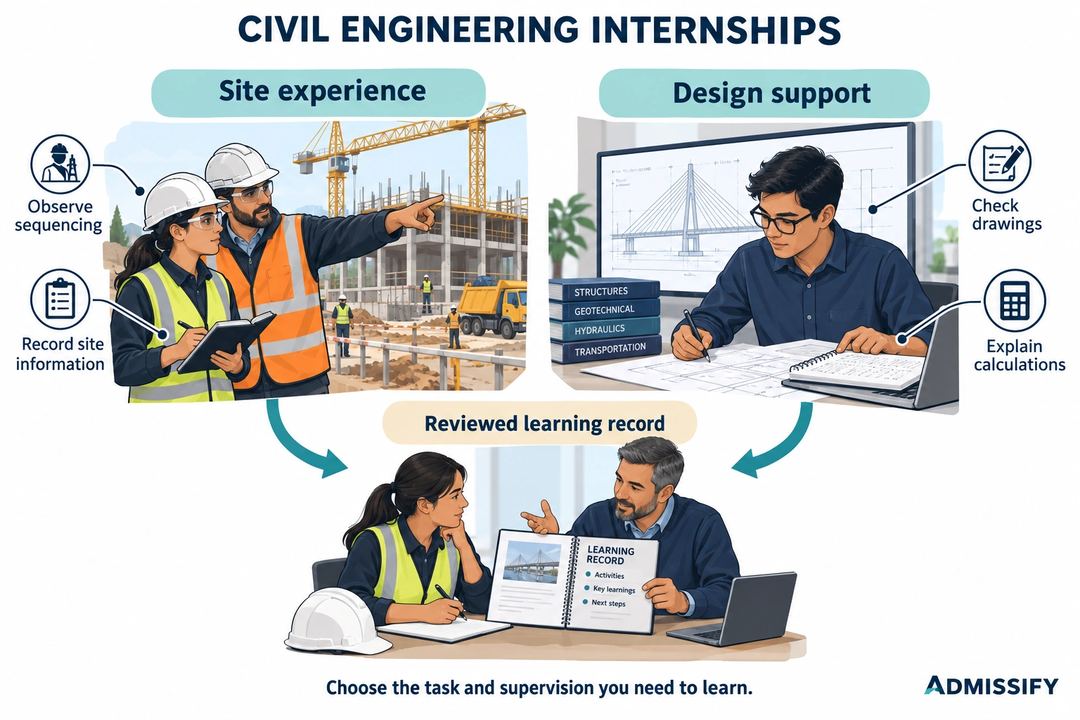 Site experience and design support follow two illustrated routes that converge on a reviewed civil engineering learning record.