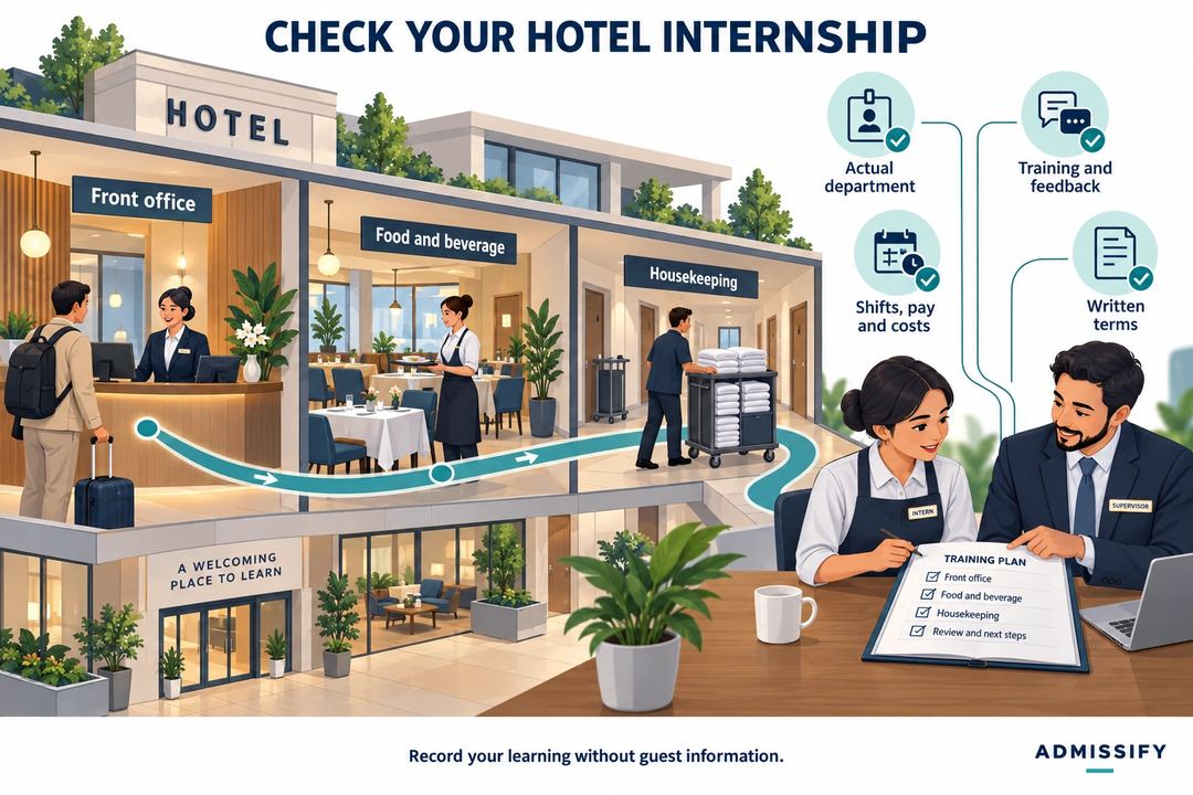 A hotel cutaway connects front office, food and beverage and housekeeping to a reviewed training plan and checks for duties, feedback and terms.