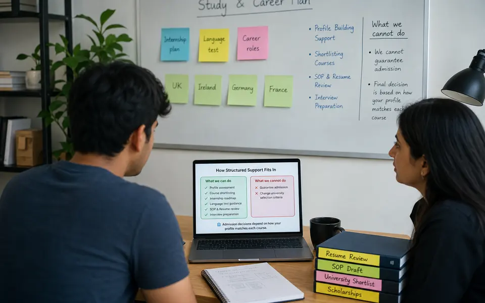 An Indian student discussing study and career plans with an advisor in a modern office, with notes on internships, language tests and European countries on the table.
