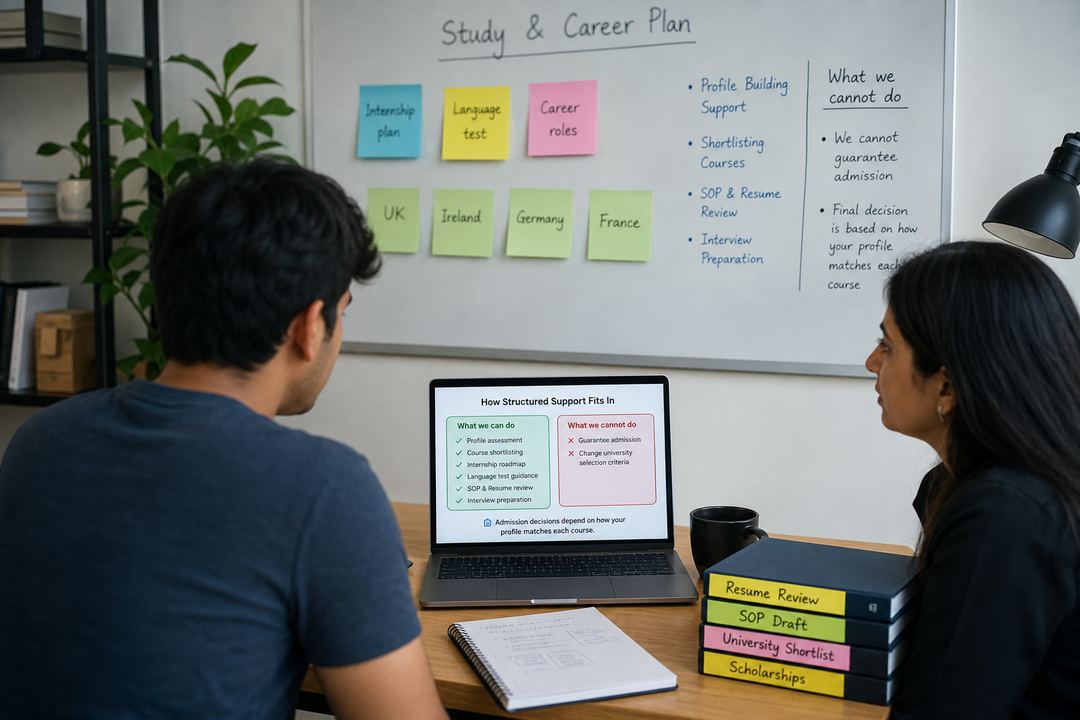 An Indian student discussing study and career plans with an advisor in a modern office, with notes on internships, language tests and European countries on the table.