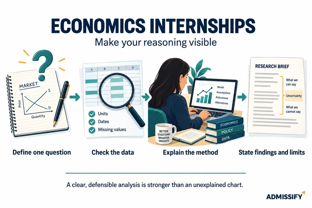An economic research question moves through checked data, an explainable method and a finding with stated limits.