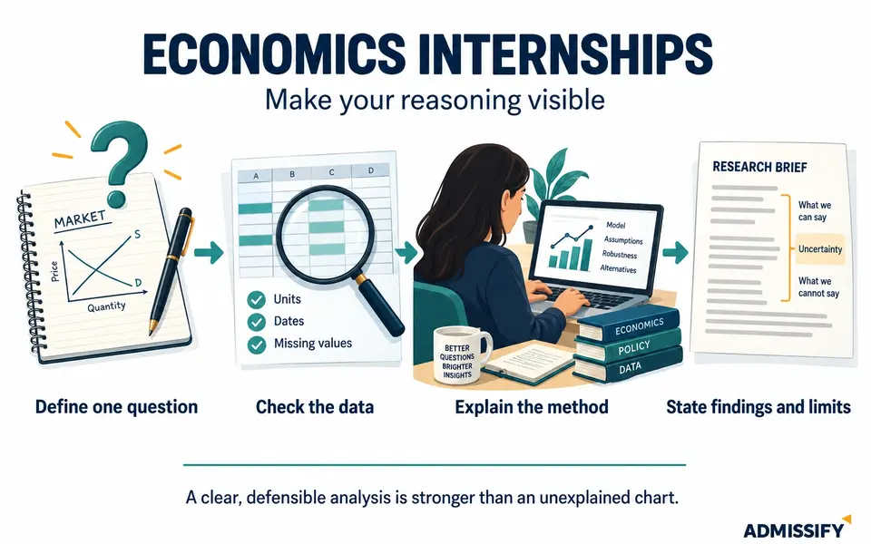 An economic research question moves through checked data, an explainable method and a finding with stated limits.