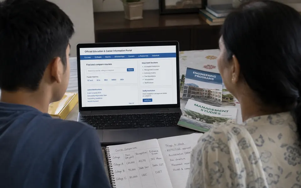 Indian student with a parent checking a laptop that shows official education and career portals, with printed college brochures on the table.