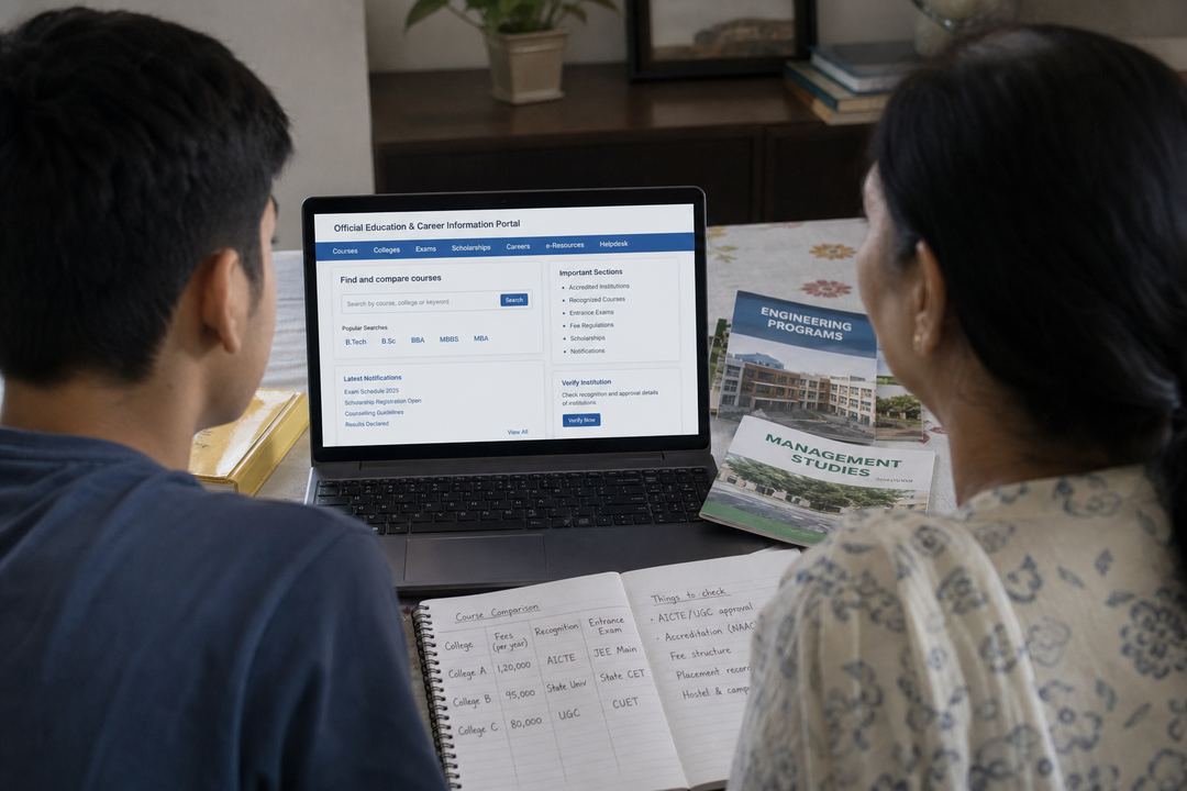 Indian student with a parent checking a laptop that shows official education and career portals, with printed college brochures on the table.
