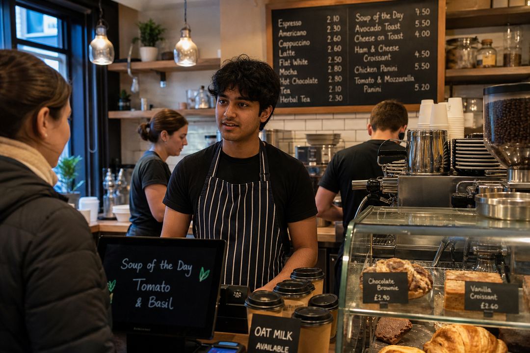 International student working part-time as a barista behind the counter in a busy UK café.